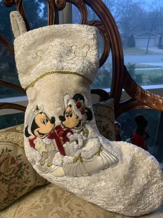Vtg Rare Disney Victorian Mickey & Minnie Mouse Christmas Stocking Ivory Gold