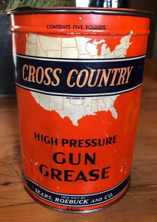 Vintage Rare Cross Country Sears Roebuck 5 Lb Gun Grease Can Oil