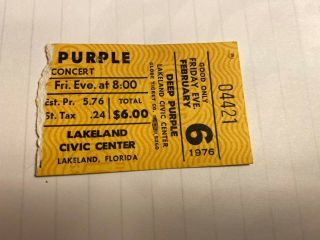 Deep Purple 1976 Concert Ticket Stub - Tommy Bolin - Lakeland,  Fl Rare Authentic