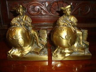 Rare Vintage Pair Brass Magellan?bookends Philadelphia Manufacturing Co.  W/label