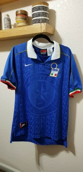 Rare Vtg 1990s Nike Premier Vintage Italy National Soccer Team Jersey Blue Sz.  L
