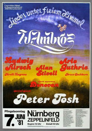 Peter Tosh Donovan Arlo Guthrie - Mega Rare Vintage 1981 Concert Poster