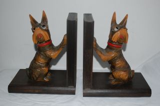Rare Vintage Hand Carved Wooden Bookends Schnauzer Scottish Terrier Dog Book End