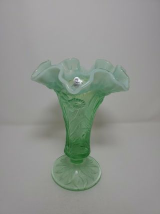 Fenton Art Glass Green Iridescent Panel Trumpet Vase Daffodils Floral Htf Rare