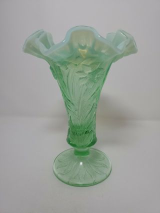 Fenton Art Glass green iridescent Panel Trumpet Vase Daffodils Floral HTF RARE 2