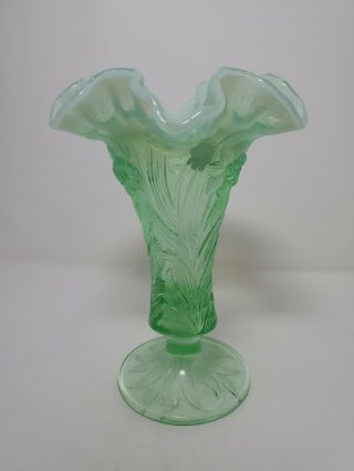 Fenton Art Glass green iridescent Panel Trumpet Vase Daffodils Floral HTF RARE 3