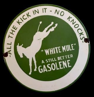 Vintage Rare 1930’s White Mule Kick Knocks 12” Porcelain Sign Gas Oil Auto Truck
