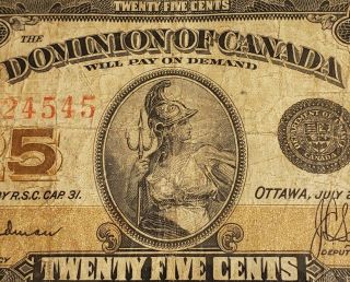 1923 Dominion Of Canada 25 Cents.  Rare Hyndman Signed & Authorized Banknote.