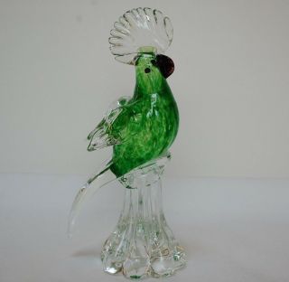 Murano Italian Art Glass Parrot Cockatoo Bird Figurine Italy Clear Green Rare Vt