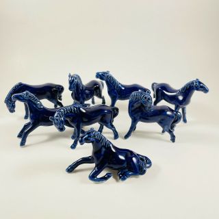 Set Of 8 Chinese Mud Horse 2 - 3” Cobalt Blue Porcelain Mid Century Mini Rare