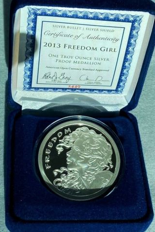 2013.  999 Silver Bullet Shield 1 Oz Proof Freedom Girl 5449 Rare Proof