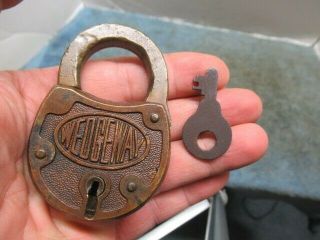 Rare Old Brass Padlock Lock Wedgeway With A Key N/r