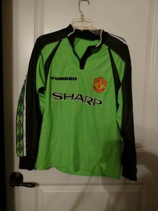 Rare Vintage Lime Green Umbro Sharp Manchester United Ls Shirt Size Y Large