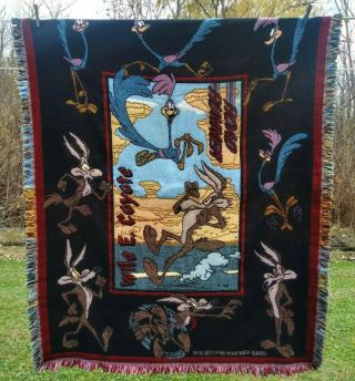 Rare Vintage 1996 Looney Tunes Blanket Throw Road Runner Wile E Coyote 42 X 54