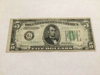 VINTAGE rare VINSON $5 1934 - B FEDERAL RESERVE NOTE FIVE DOLLARS CHICAGO G GREEN 2