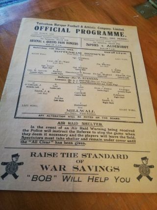 Rare 1944 Tottenham Hotspur V Millwall Football League Match Programme
