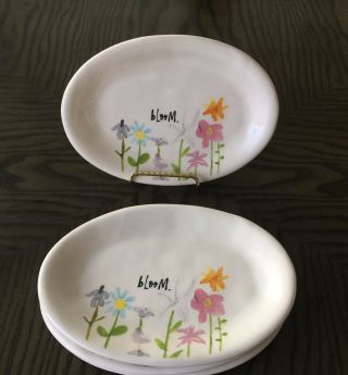 Rae Dunn Spring ‘bloom’ Flowers Oval Appetizer Plates Set Of 4 Rare 8”x5.  25”