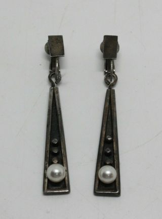 Vtg Very Rare Sammy Gee Sterling Silver & Pearl Clip On Dangle Earrings