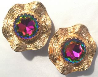 Rare - Vintage Judy Lee - Watermelon Heliotrope Clip - On Earrings - Gold Plated
