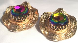 RARE - VINTAGE JUDY LEE - WATERMELON HELIOTROPE CLIP - ON EARRINGS - GOLD PLATED 2