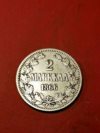 Finland/russia 2 Markkaa 1866 Silver Alexander Ii 1,  Rare Coin