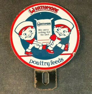 Vtg Wirthmore Poultry Feeds Porcelain License Plate Topper Rare Advertising Sign
