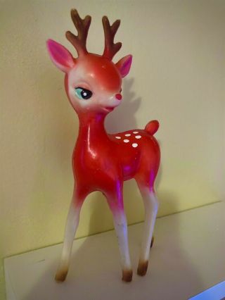 Rare Vintage Christmas Sleepy Bambi Reindeer Plastic Red Coral Japan Deer Figure