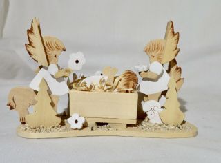 Vintage Emgee Wooden Christmas Ornament Nativity Manger Scene,  Angels,  1982 Rare