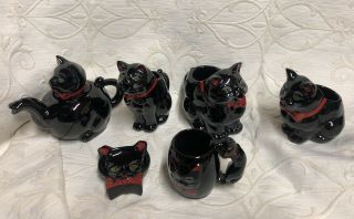 Rare Vintage 1951 6 Pc.  Shafford Red - Ware Black Cat Tea Pot Set