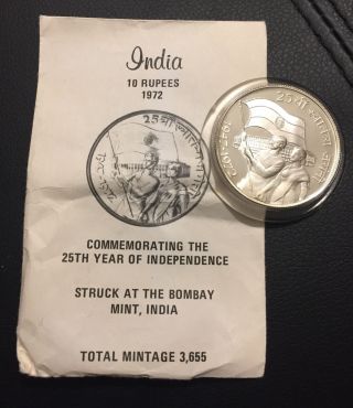 India 1972 10 Rupees Proof Silver Commemorative With Envelope - Rare -