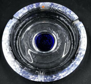 Rare Vintage Blenko Hand Blown Glass Ashtray Blue Dot Center 6” Label