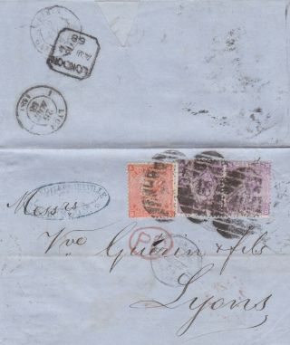 1868 Qv London Cover With 2 X 6d Lilacs & 4d Verm Stamp Rare Plate 10 Cat £500,