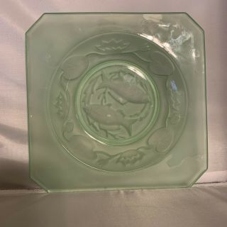 Vintage Bagley Green Uranium Glass Square Plate/dish Fish Water Lily Rare