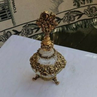Rare Vintage 8 " Gold Gilt Ornate Fancy Perfume Bottle Vanity Floral Dabber Glass