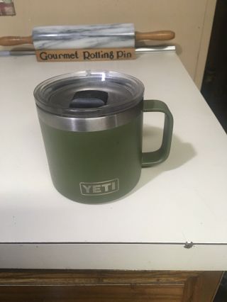 Authentic Yeti Rambler 14 Oz Mug " Olive Green Rare " With Mag Slider Lid
