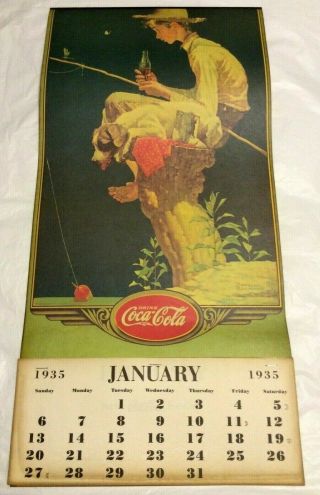 Vintage Rare 1935 Coca - Cola Full Calendar Fishing Boy Norman Rockwell