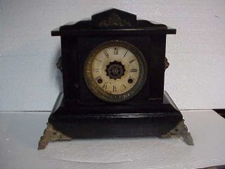 Vintage Rare Waterbury Adamatine Black Mantle Clock With Alarm Parts Repair D