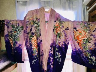 Vintage Rare Japanese Silk Kimono Purple Floral With Belt - As - Is
