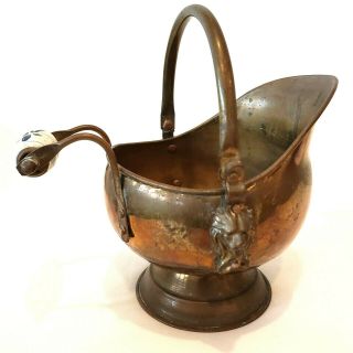 Rare Vintage Brass And Copper Water Pitcher Pivot Lion Head Handle Ceramic Grip