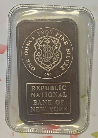 1 Oz Silver Bar Republic National Bank Of York.  999 " Seal " Rare Jm