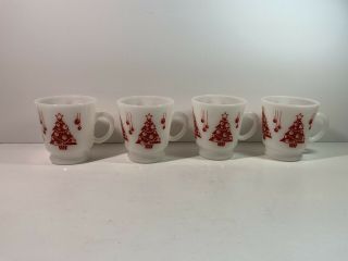 4 Vintage Hazel Atlas Christmas Tree Milk Glass Mugs Rare - Red Tree Coffee Cups