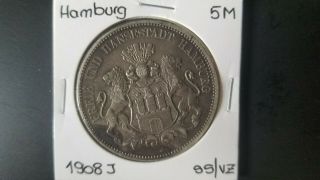 5 Mark 1908 J - Hamburg / German Empire - Silver - Vf - - Low Mintage - Rare