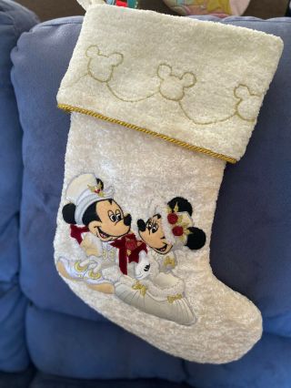 Vtg Rare Disney Victorian Mickey & Minnie Mouse Christmas Stocking Ivory Gold.