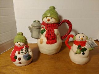 Hallmark (rare) Mitford Snowman Ceramic Teapot,  Sugar Bowl,  And Creamer Set