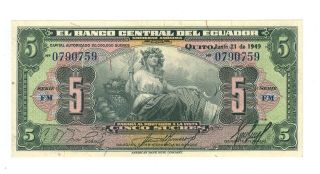 Ecuador 5 Banknote Sucres 1949 Serie Fm - P - 91c - Unc - Rare Scarce