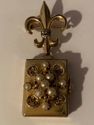 Very Rare Vintage Signed Coro,  Book Locket Pin Brooch Gold Tone & Pearls