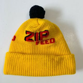 Vintage Zip Feeds Pom Pom Hat Beanie Knit Stocking Cap Red Yellow Rare