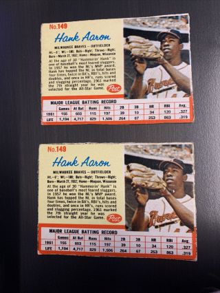 1962 Post Cereal Baseball Card Hank Aaron 149 Milwaukee Braves X2 Rare