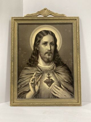 Rare B/w Sacred Heart Of Jesus And Mary Framed Prints 12” X 16”