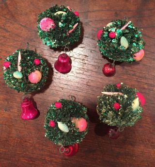 5 Vintage Bottle - Brush Christmas Fruit Balls W/hanging Mini - Ornament—as Is—rare